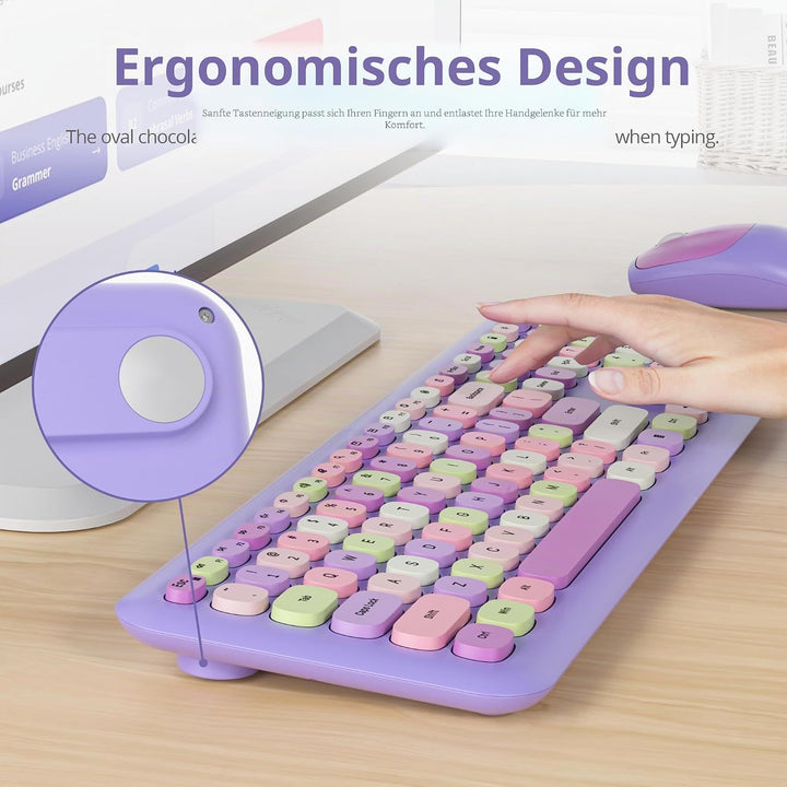 Tastatur und Maus Kabellos, Retro Bunt Tastatur Funktastatur mit Stille Mouse Amerikanisch QWERTY, C