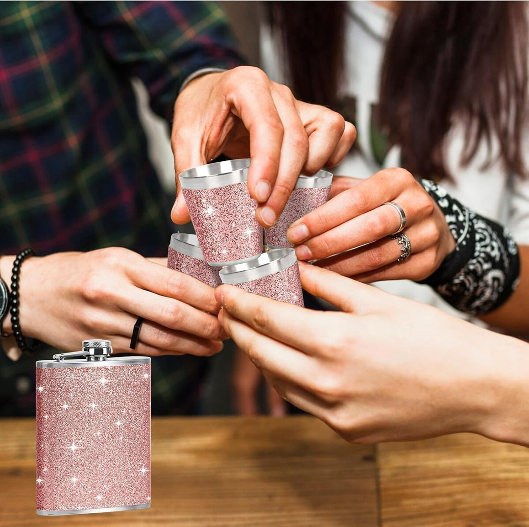 Flachmann Edelstahl und Trichter Klein Becher Rosa Schnapsbecher mit 2 Stück Schnapsglas Edelstahl S