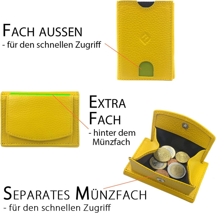Mini Geldbörse Damen, Reise Portemonnaie klein viele Fächer, Leder gelb, RFID Blocker, Münzfach gros