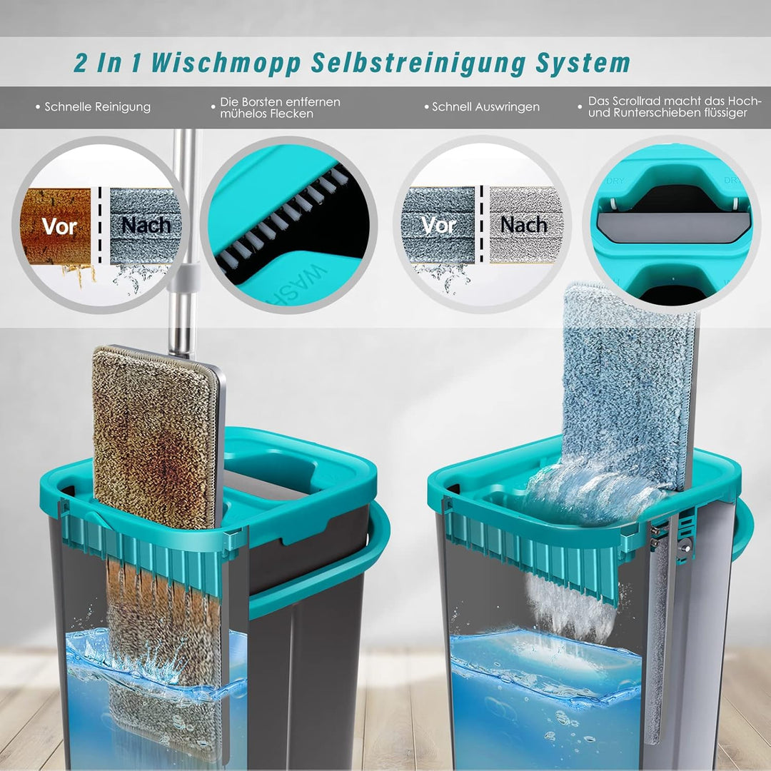 Myiosus Wischmopp Set mit Eimer, Bodenwischer mit Auswringfunktion, 6 Mikrofaser Mehrweg Wischpads E