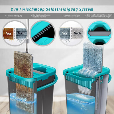 Myiosus Wischmopp Set mit Eimer, Bodenwischer mit Auswringfunktion, 6 Mikrofaser Mehrweg Wischpads E