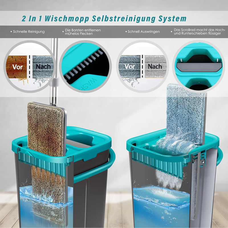 Myiosus Wischmopp Set mit Eimer, Bodenwischer mit Auswringfunktion, 6 Mikrofaser Mehrweg Wischpads E