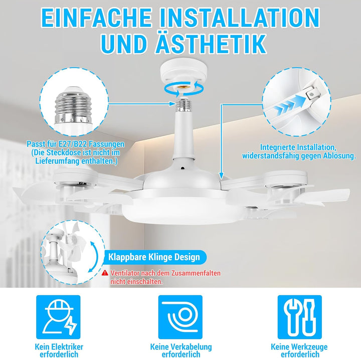 Deckenventilator mit Beleuchtung, 50CM Faltbarer Lampe mit Ventilator, Timer- und Speicherfunktion,