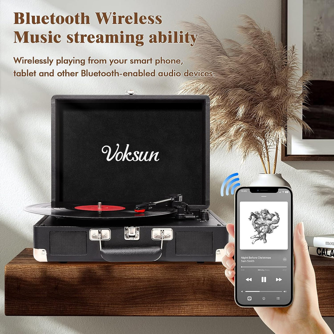 Voksun Bluetooth Record Player, Vinyl Turntable, Built-in Speaker, Belt Drive 33/45/78 RPM, Portable