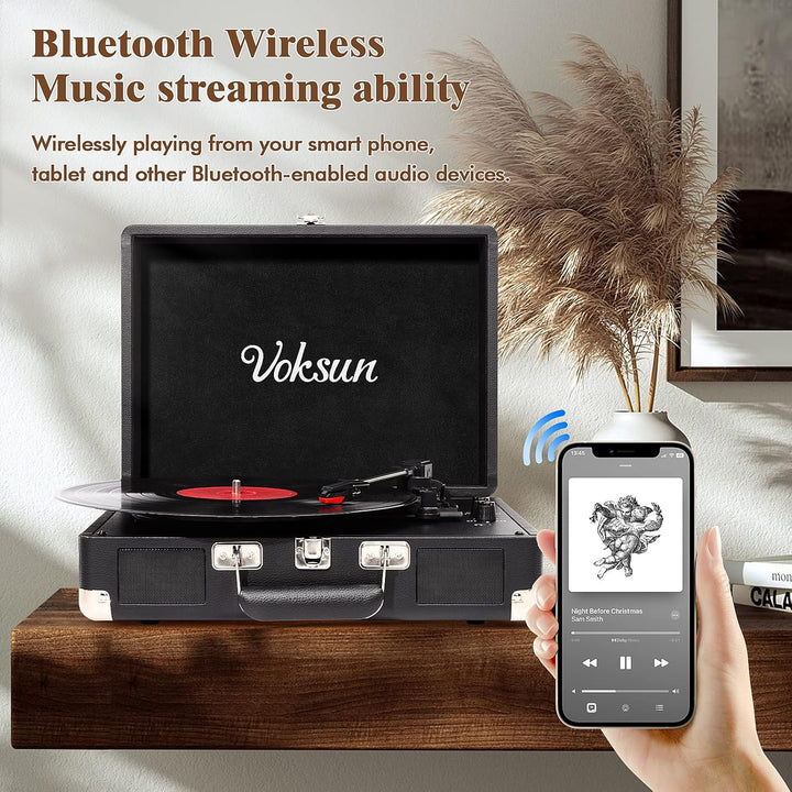 Voksun Bluetooth Record Player, Vinyl Turntable, Built-in Speaker, Belt Drive 33/45/78 RPM, Portable