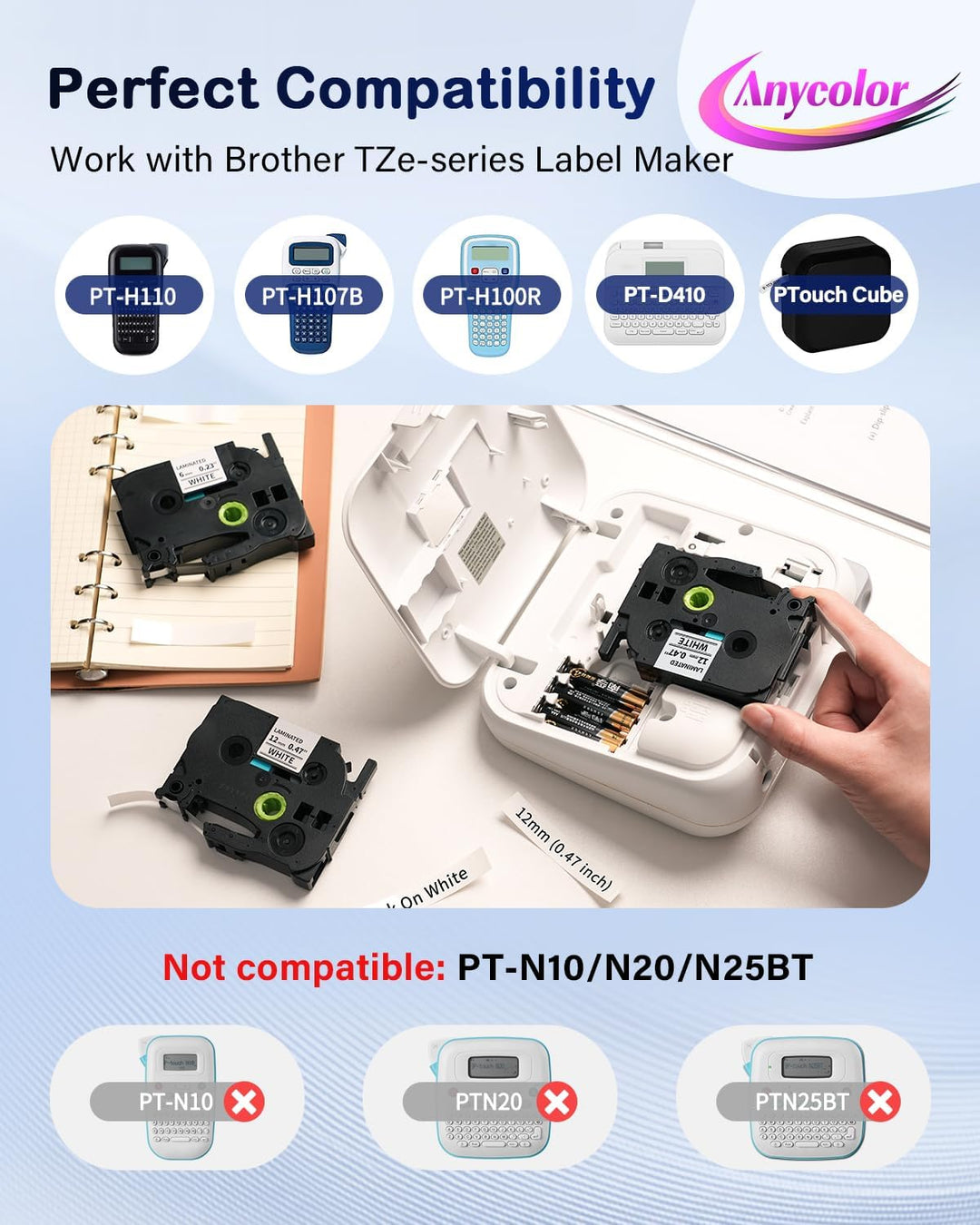 Anycolor TZe-231 12mm Weiss Laminated Schriftband kompatibel mit Brother P-touch Bänder 12mm 0.47 Tz