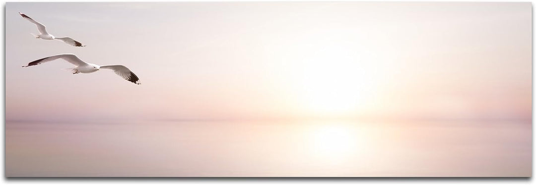 Paul Sinus Art Panoramabild auf Leinwand und Keilrahmen 120x40cm Meer Sonnenlicht Möwen abstrakt