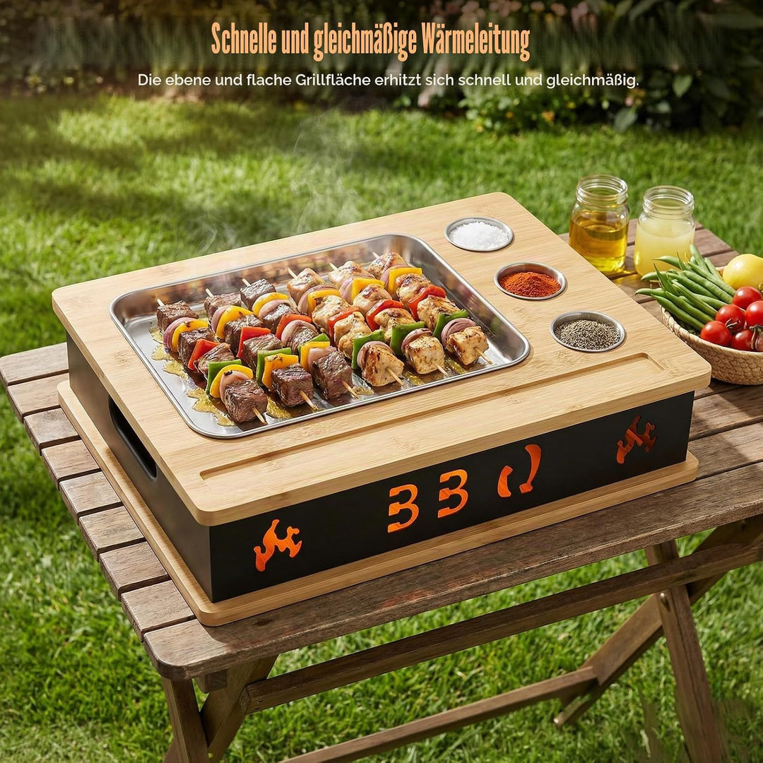 Warmhalteplatte Grillgut, Holz Speisenwärmer mit 304 Edelstahl Grillplatte und Dip-Schale, BBQ Fleis