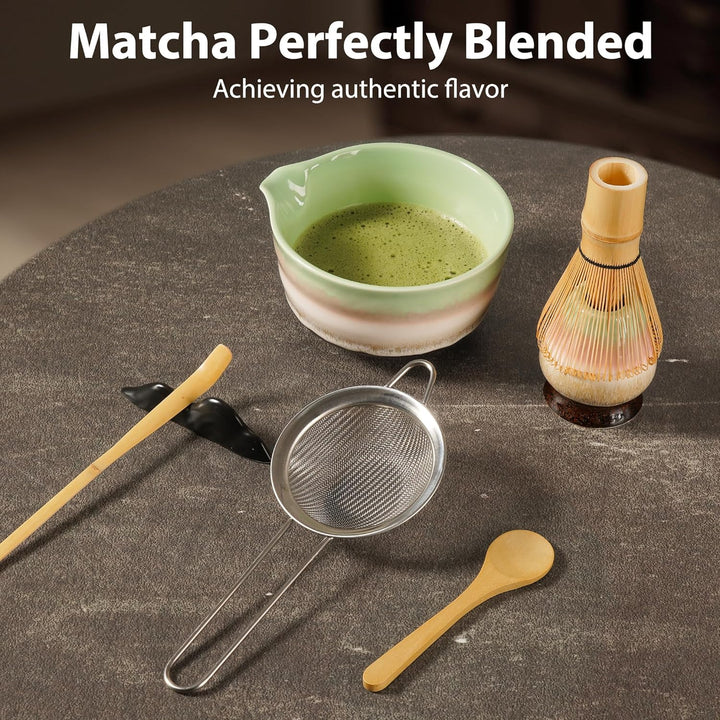 Anfänger Matcha Set, 7-teilig inkl. Matcha-Schale, Teebesen, Teelöffel, Sieb, Besenhalter, Besenstän