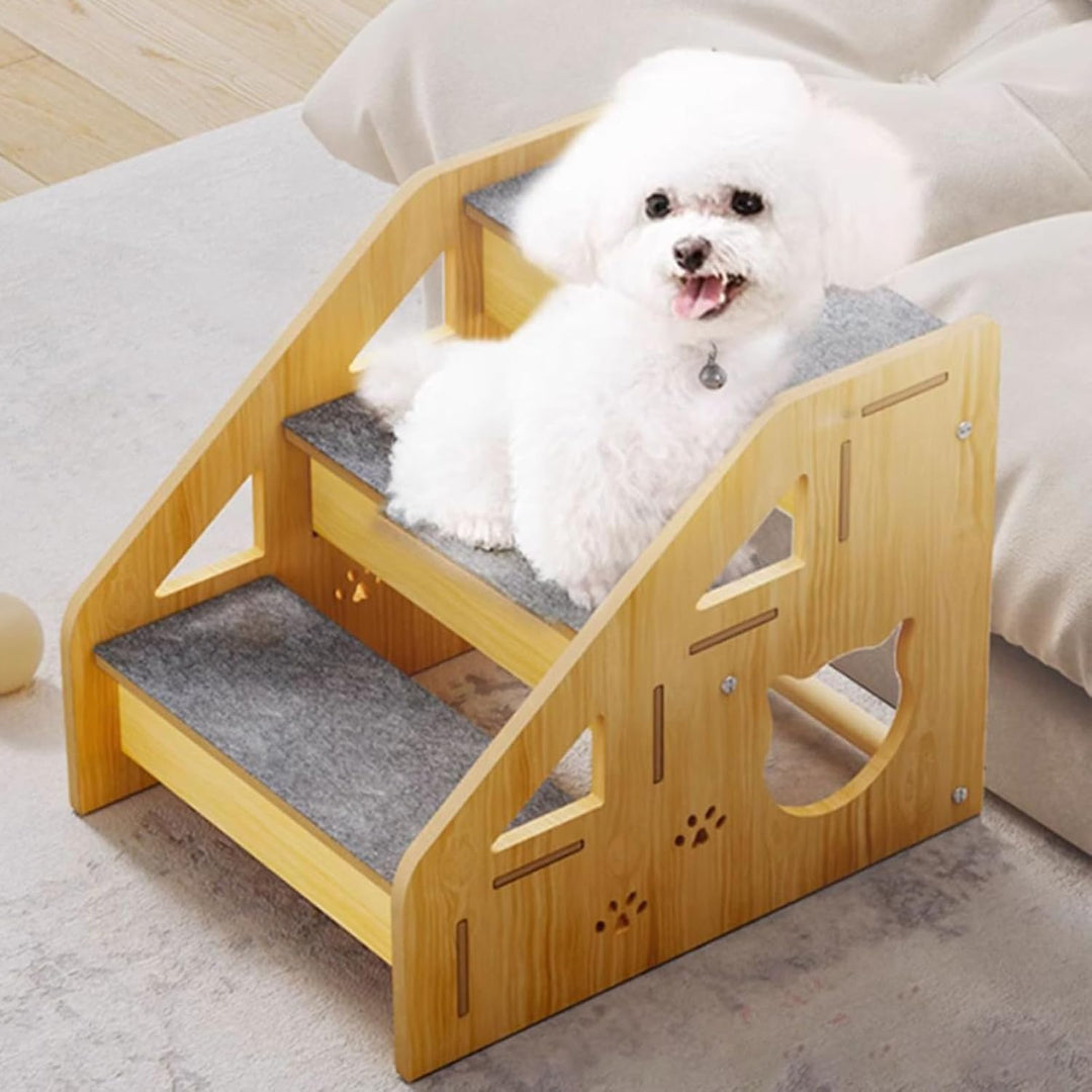 Hunderampe,Stabile rutschfeste Holztreppe für Hunde und Katzen - 3-Stufen-Hundetreppe für hohe Bette
