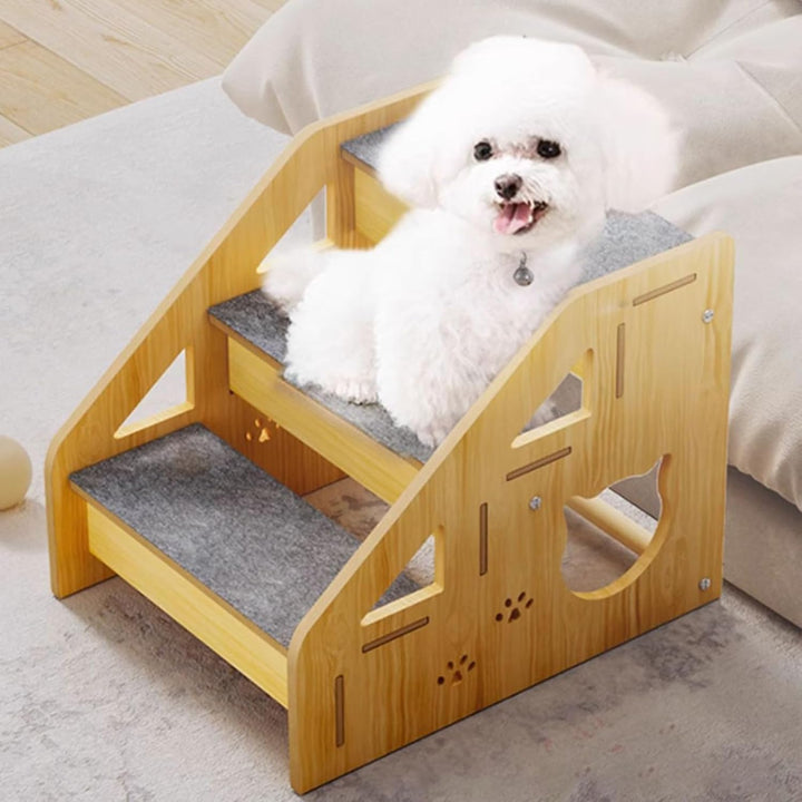 Hunderampe,Stabile rutschfeste Holztreppe für Hunde und Katzen - 3-Stufen-Hundetreppe für hohe Bette
