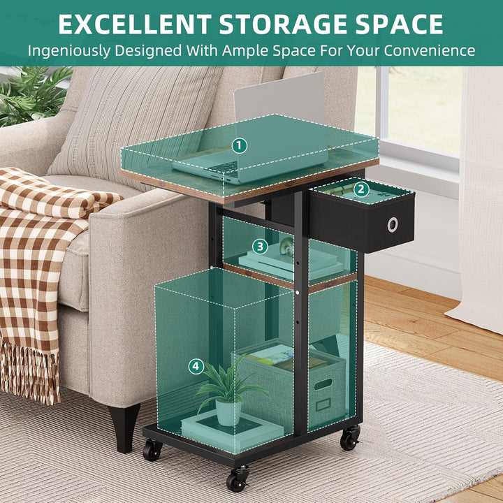 YITAHOME 2PCS Beistelltisch, C-Form Sofatisch mit Rollen und Schublade，Wohnzimmertisch für Kaffee un