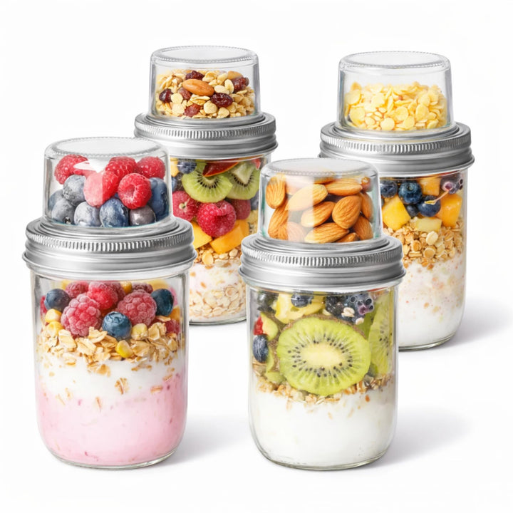 Müslibecher to Go aus Glas, 4er Set für Overnight Oats, 480+120 ml | Mit separatem Toppingfach für J