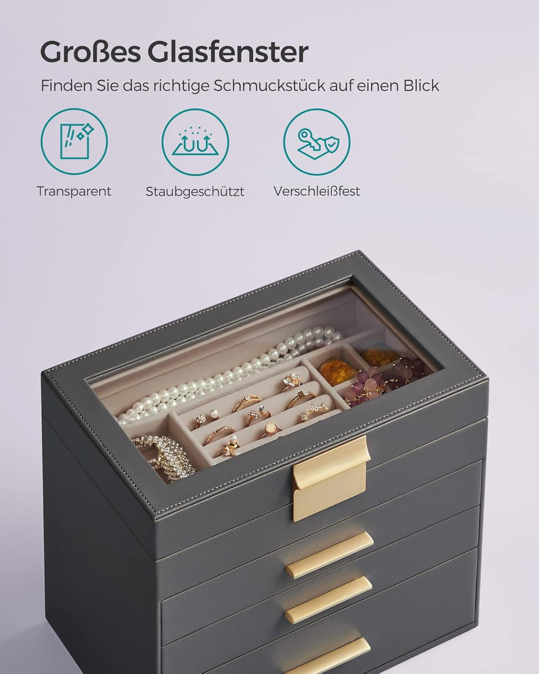 SONGMICS Schmuckkästchen, Schmuckkasten mit 4 Ebenen, Schmuckbox mit Glasdeckel, 3 Schubladen, für S