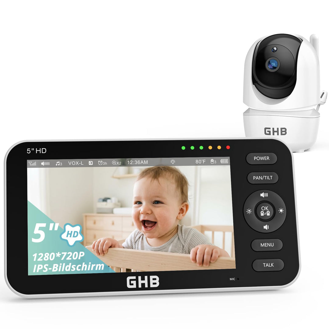 GHB Babyphone mit Kamera 5 Zoll LCD Display Babyphone Kamera VOX-Modus Gegensprechen Nachtsicht Temp