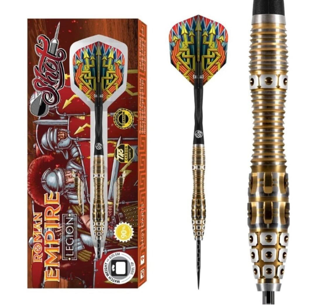 Shot! Darts Roman Empire Legion Steel Tip Dart Set Front Weighted 90% Tungsten Barrels 23.0 Gramm, 2