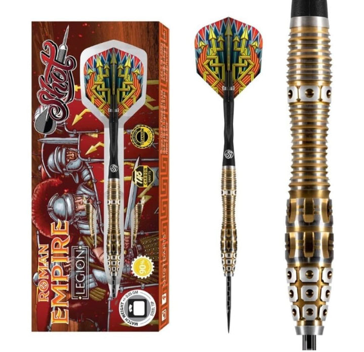 Shot! Darts Roman Empire Legion Steel Tip Dart Set Front Weighted 90% Tungsten Barrels 23.0 Gramm, 2