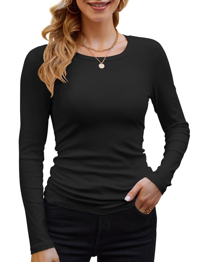 DUOEASE Langarmshirt Damen Rundhal Pullover Elegant Langarm Oberteile Rippshirt Tshirts Basic Tops S