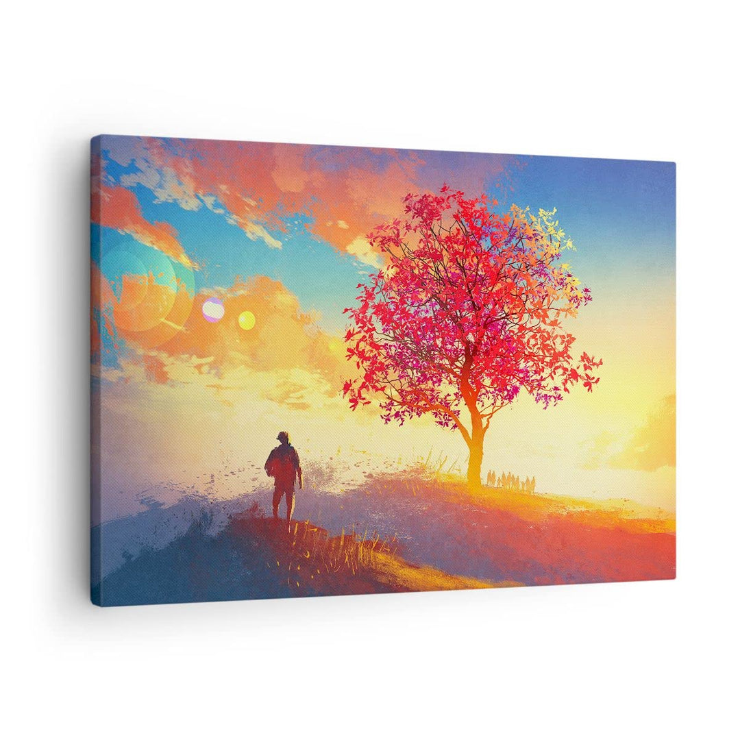 Bilder auf Leinwand Baum Wiese Feld Leinwandbild mit Rahmen 70x50cm Wandbilder Dekoration Wohnzimmer