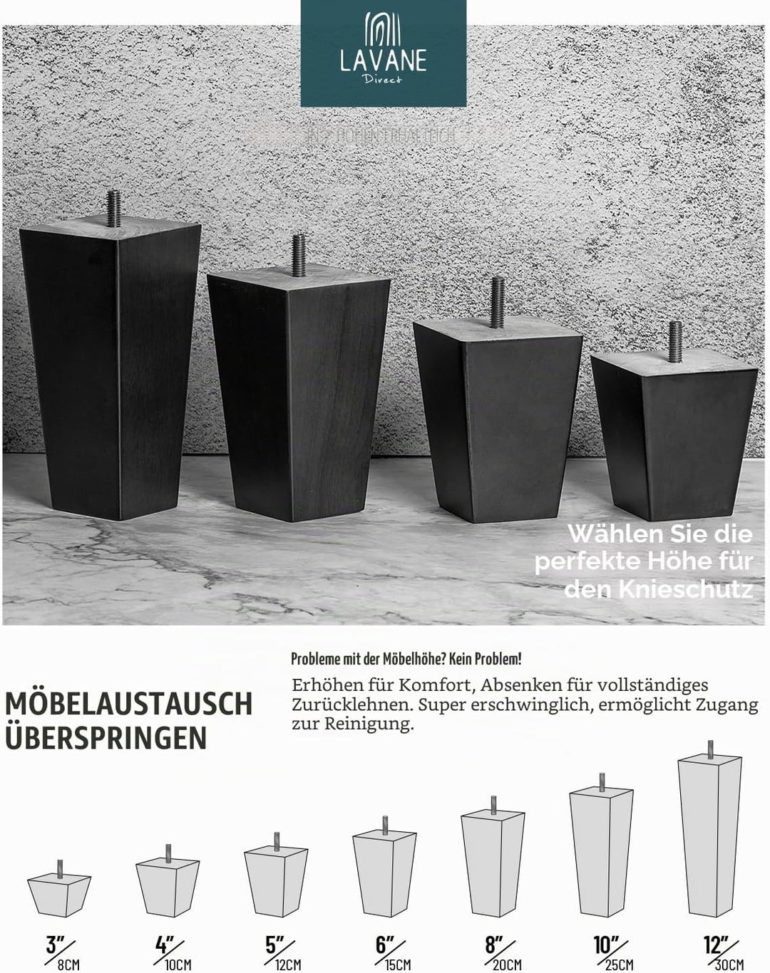 La Vane 4 Stück Möbelfüsse aus Massivholz - 15cm Höhe, Schwarz, Pyramidenform mit M8 Gewindebolzen &