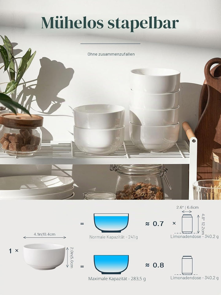 DOWAN Dessertschalen 6er Set, 300ml Weiss Müslischalen Keramik, Φ10.5cm Kleine Eisschale, Suppenscha
