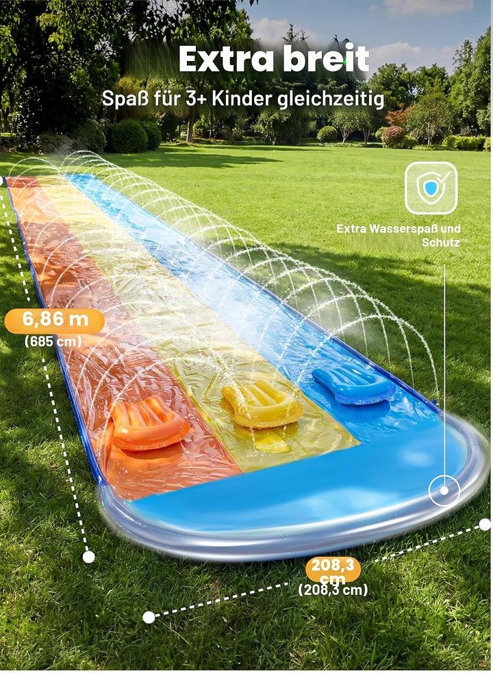 Sloosh 22,5ft/685,8cm Dreispurige Wasserrutsche mit 3 Bodyboards, Rasen-Wasserrutsche mit Outdoor-Sp