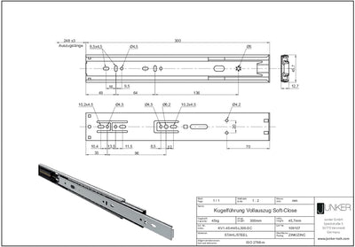 Junker 2 Paar Vollauszüge KV1-45-H45-L300-SC 300 mm mit Selbsteinzug u. Dämpfung (SoftClose) Schubla