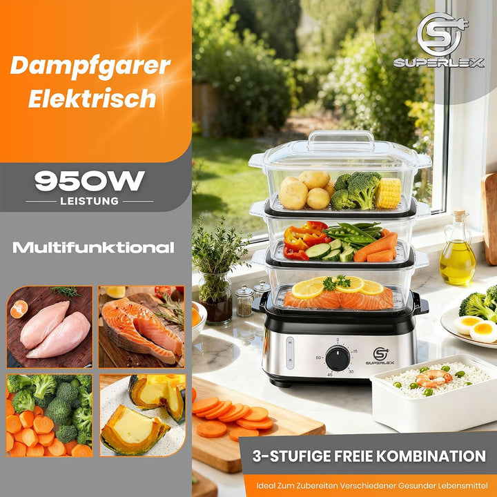 Dampfgarer Elektrisch 950W 3 Schichten 9L Kapazität Mit 60 Min Timer Antihaft Heizplatte Spülmaschin