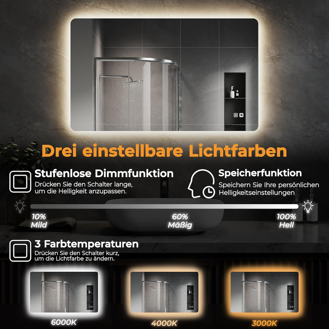 SVNR Badezimmerspiegel - 120 x 60cm LED-Kosmetikspiegel mit 4mm Kupferfreiem Glas, Aluminiumrahmen,