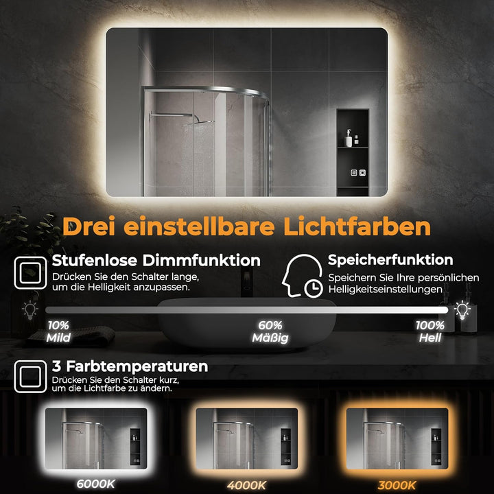 SVNR Badezimmerspiegel - 120 x 60cm LED-Kosmetikspiegel mit 4mm Kupferfreiem Glas, Aluminiumrahmen,