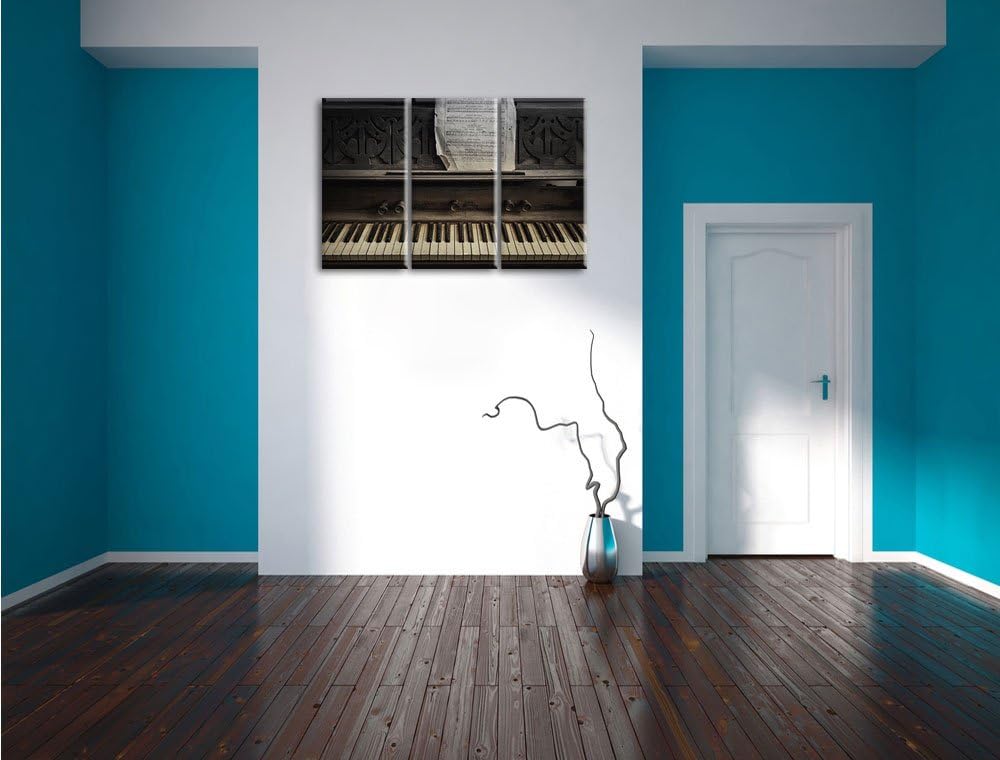Pixxprint Antikes Klavier mit Notenblatt Schwarz/Weiss 3-Teiler Leinwandbild 120x80 Bild auf Leinwan