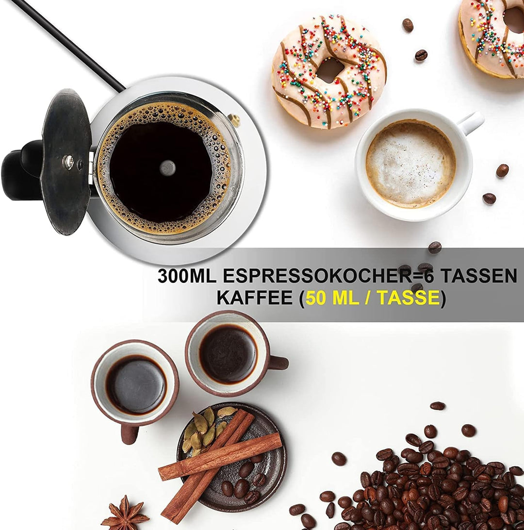 Fermoirper Elektrisch Espressokocher Edelstahl 200ML,Espressokocher, 4 Tassen Mokkakanne mit Heizpla