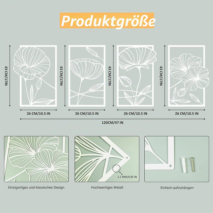 ESTART Dekor 4 Stück Metall Lotusblume Wanddekoration, Abstrakte Blumen Ästhetische Kunst, Minimalis