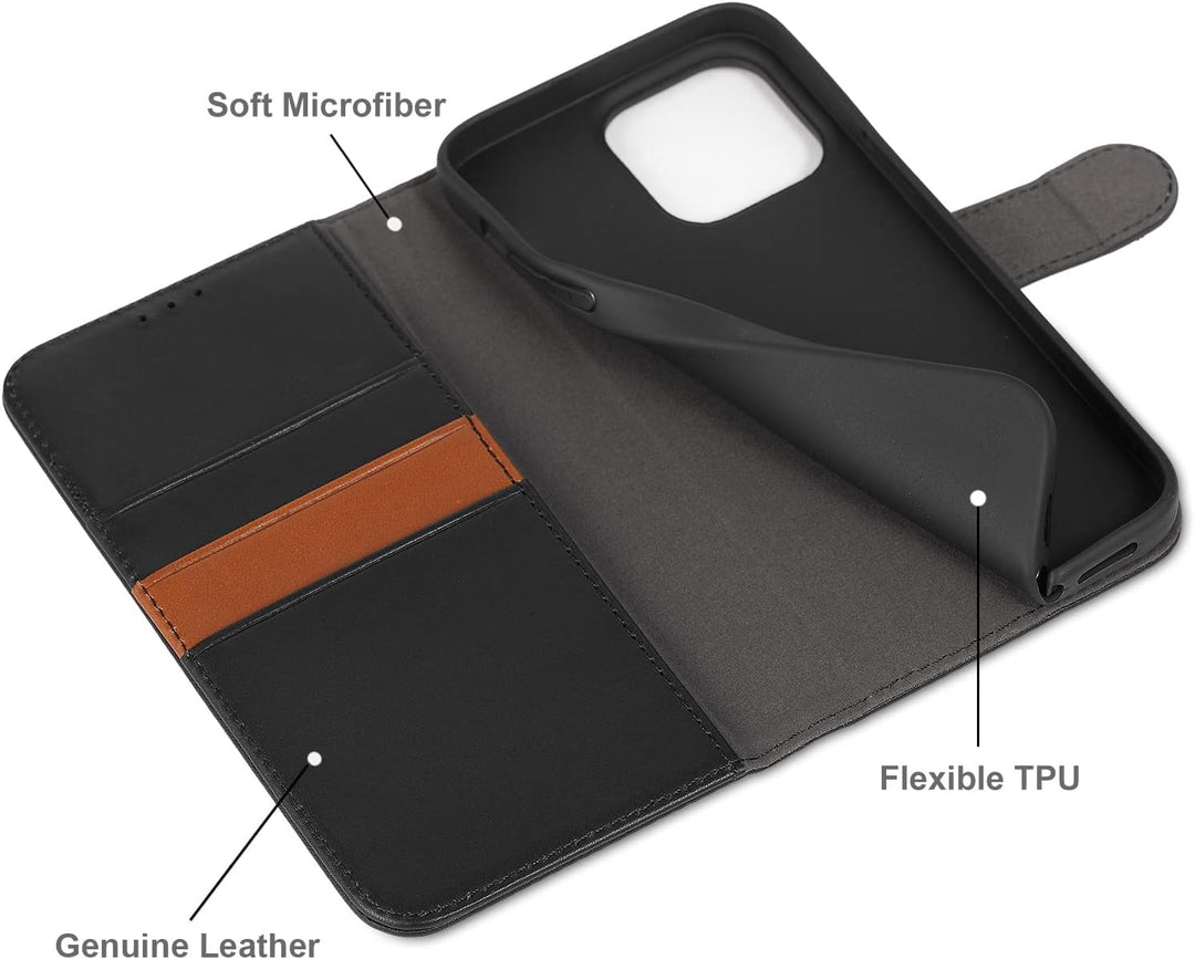 LENSUN Echtleder Hülle für iPhone 14 Pro Max, Handyhülle [Echtes Leder][Magnetverschluss][RFID Schut