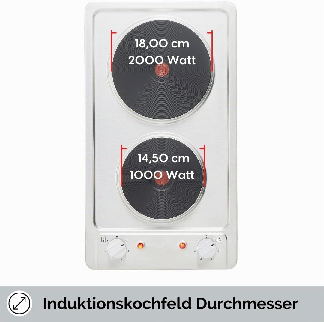 PKM Autarkes Kochfeld aus Edelstahl EB-DKF-2/ 30cm/ 6 Heizstufen / 2 Kochzonen/Blitzkochplatte/ 3000