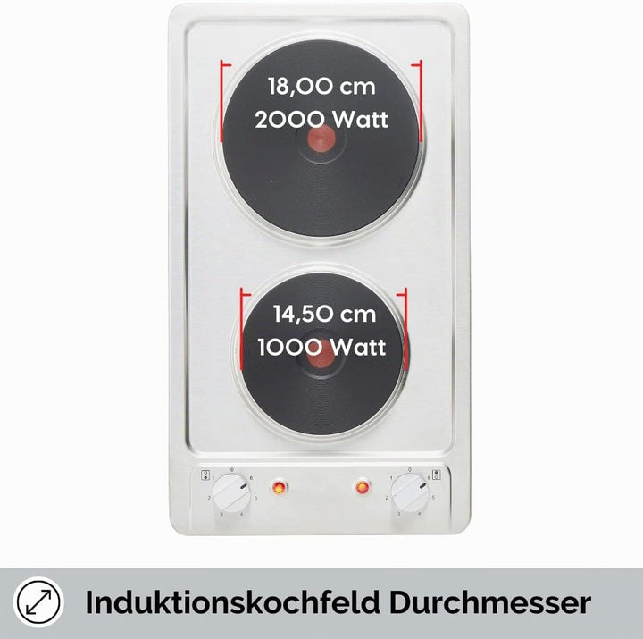 PKM Autarkes Kochfeld aus Edelstahl EB-DKF-2/ 30cm/ 6 Heizstufen / 2 Kochzonen/Blitzkochplatte/ 3000