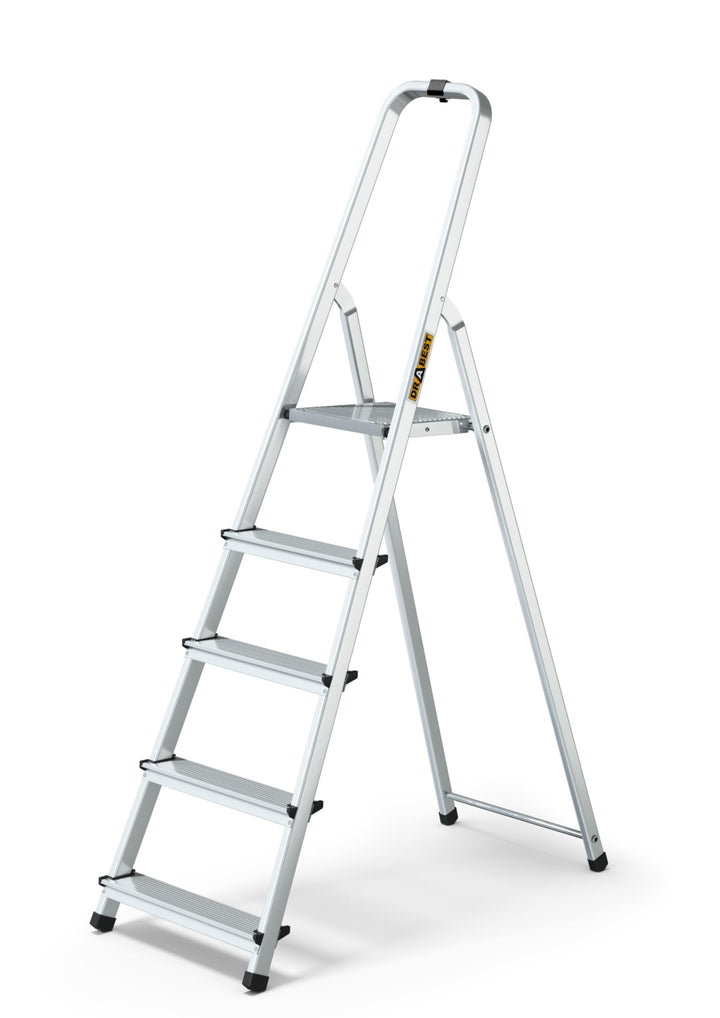 DRABEST Trittleiter klappbar Aluleiter 5 Stufen mit Ablage Stufenleiter Haushaltsleiter Belastbar bi