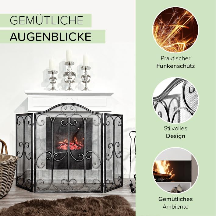 Kaminschutzgitter Funkenschutz aus Metall schwarz Silber gebürstet 85 cm