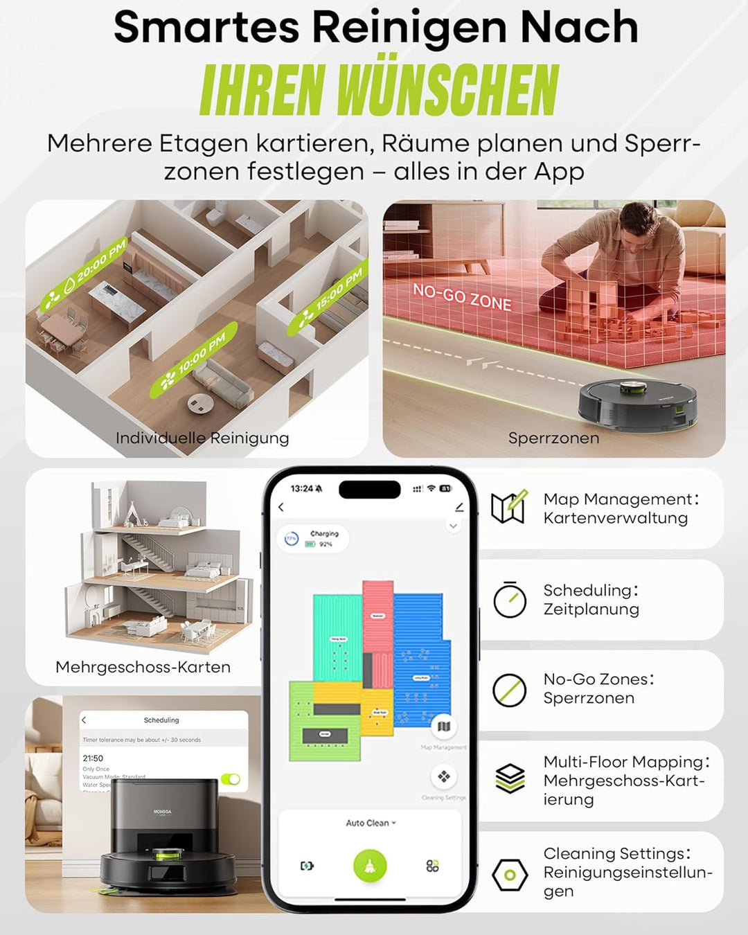 MONSGA Saugroboter mit Wischfunktion 8000PA, Staubsauger Roboter mit Absaugstation 4L, LiDAR Navigat