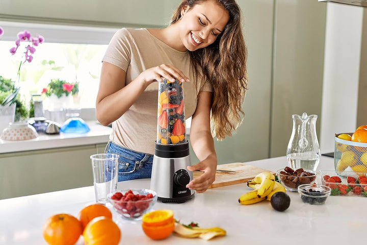Linsar - 3in1 Smoothiemaker - 600 ml - Mit 2 Mixstufen, 4-Klingen-Edelstahlmesser und To-Go Becher -