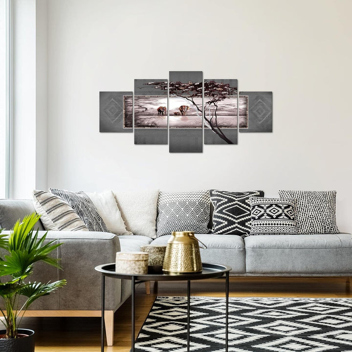 Runa Art Wandbilder Afrika Elefant 5 Teilig Bild auf Vlies Leinwand Deko Wohnzimmer Schlafzimmer Pan