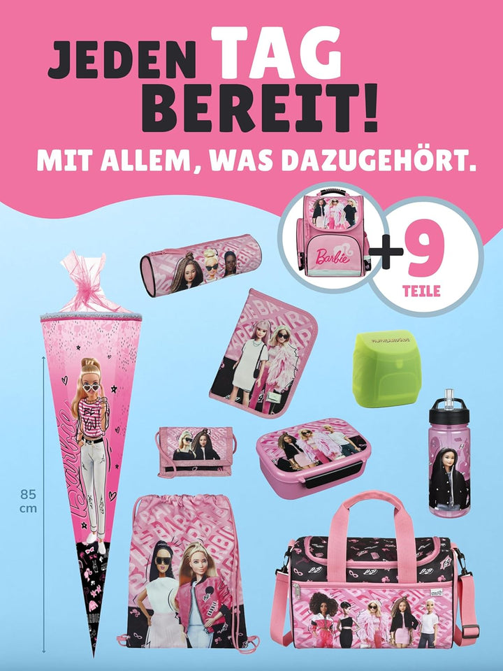 Familando - Schulranzen Set CLOU - 10-teilig mit Schultüte - Barbie - Ergonomisch, stabil & mit gepo
