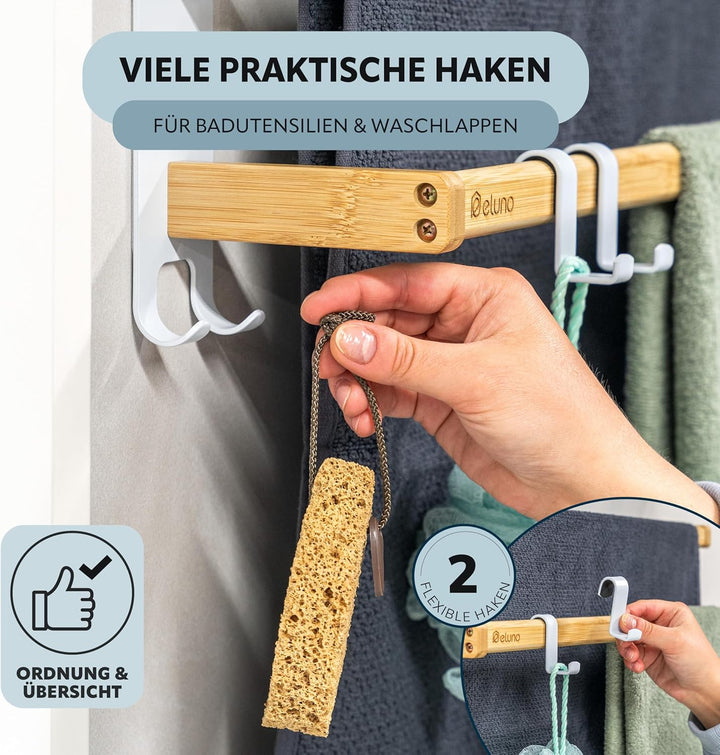 eluno Handtuchhalter 60 cm mit 2 Handtuchstangen und 6 praktischen Haken - mit hochwertigem Klebeban