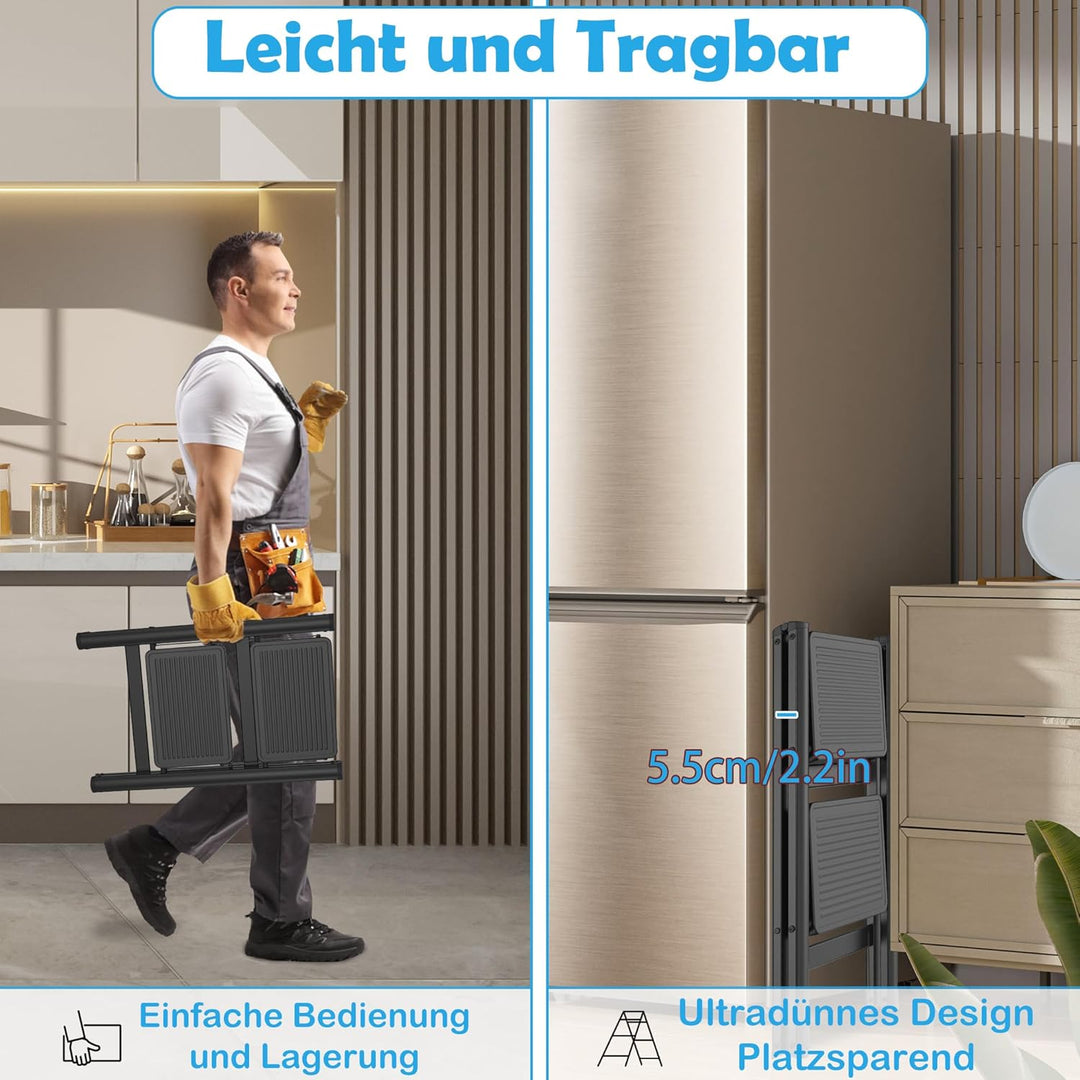Aufun Trittleiter 2 Stufen, Klappleiter mit breitem Anti-Rutsch-Pedal, Haushaltsleiter Multifunktion