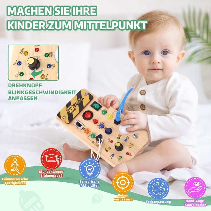 Montessori Busy Board Activity Board ab 1 Jahr Holzspielzeug mit 15 LED Lichtschalterspielzeug Senso