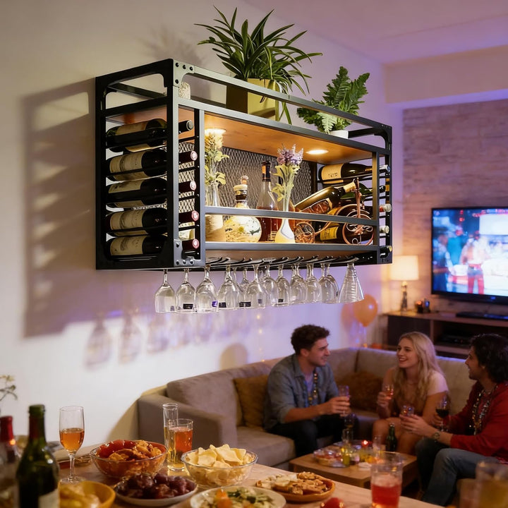 Weinregal zur Wandmontage, 2 Lagig Hängend Deckenregal Weinregal mit Glashalter, Industrielles Metal