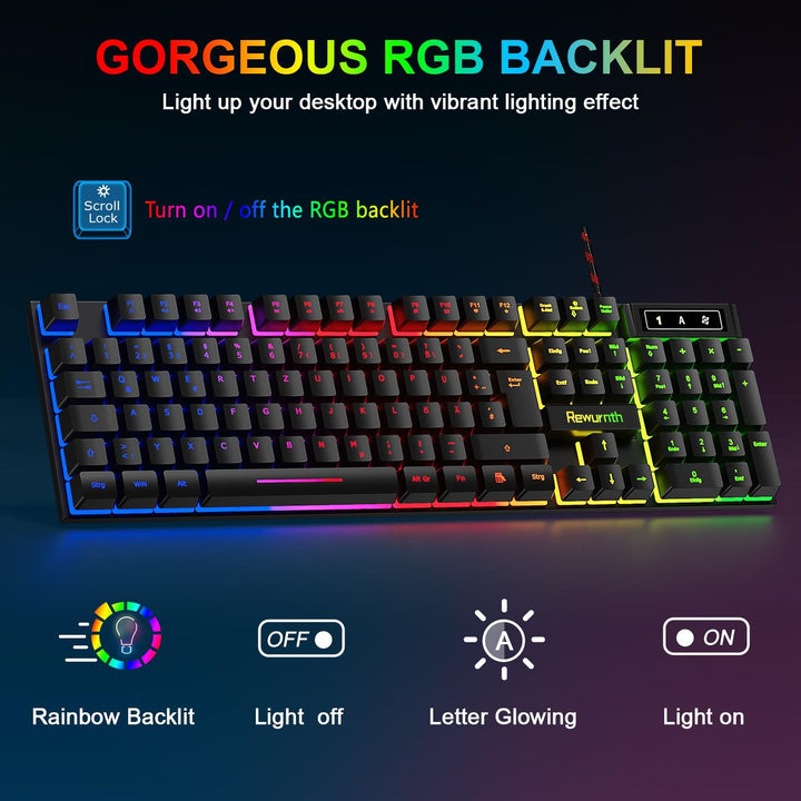 Gaming Tastatur und Maus Set mit Headset, QWERTZ DE Layout, RGB Beleuchtete Tastatur, 4 Farben LED G