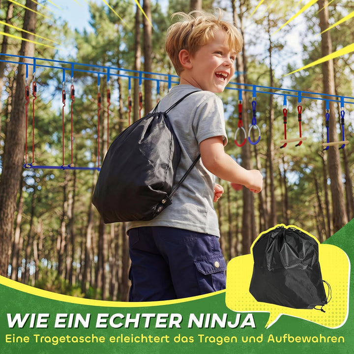 AIYAPLAY Ninja Line Kinder 24 m Slackline Set mit Turnringe 7 Hindernissen Kletterstange Ninja Warri