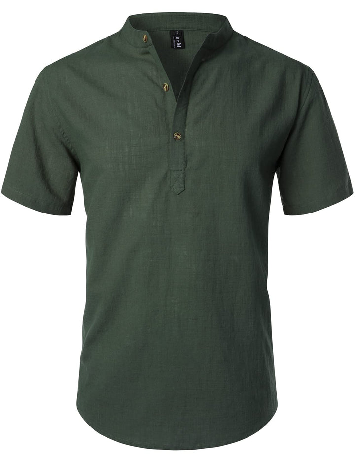 LucMatton Herren Casual Baumwolle Leinen Kurzarm Henley Hemd Sommer Leichte Strandtops mit Stehkrage