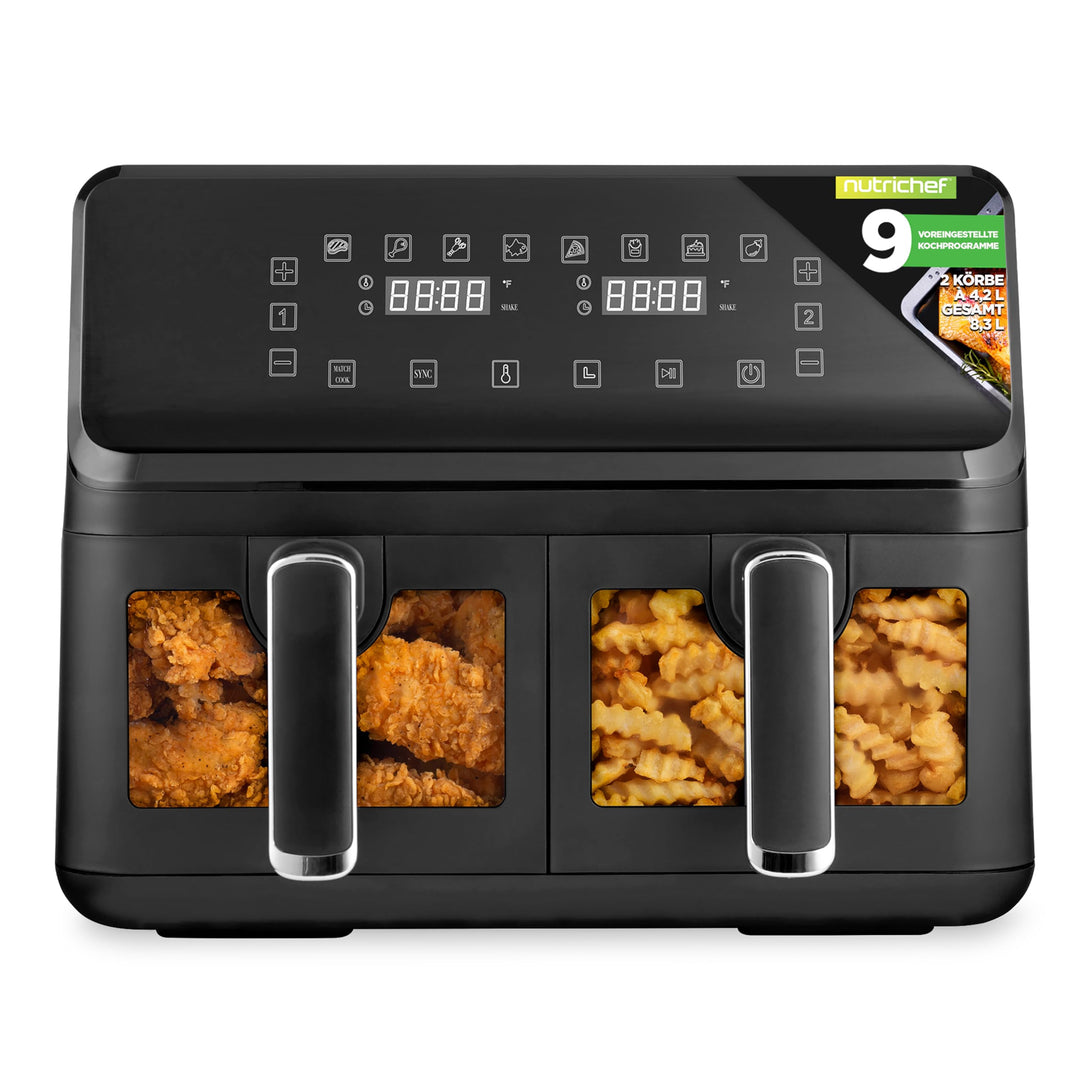 NutriChef Heissluftfritteuse Airfryer XL – 8L Doppel-Fritteuse mit 2 Körben & 9 Programmen Spülmasch